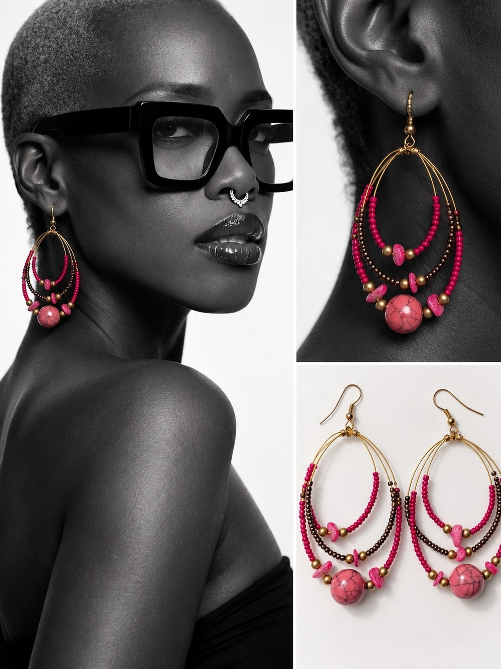 Gold Hoop Pink Beaded Dangle Earrings - Designer
